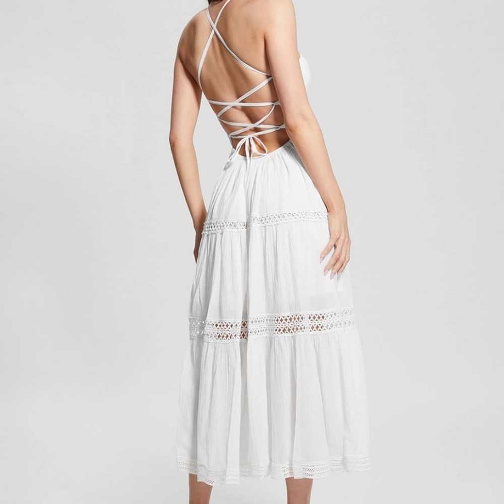 Guess White Backless Lace-Trim Midi Dress